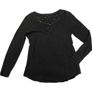 RXB Top Boho‎ Crochet Eyelet Black Long Sleeve Tee Women's S Casual Boho Shirt